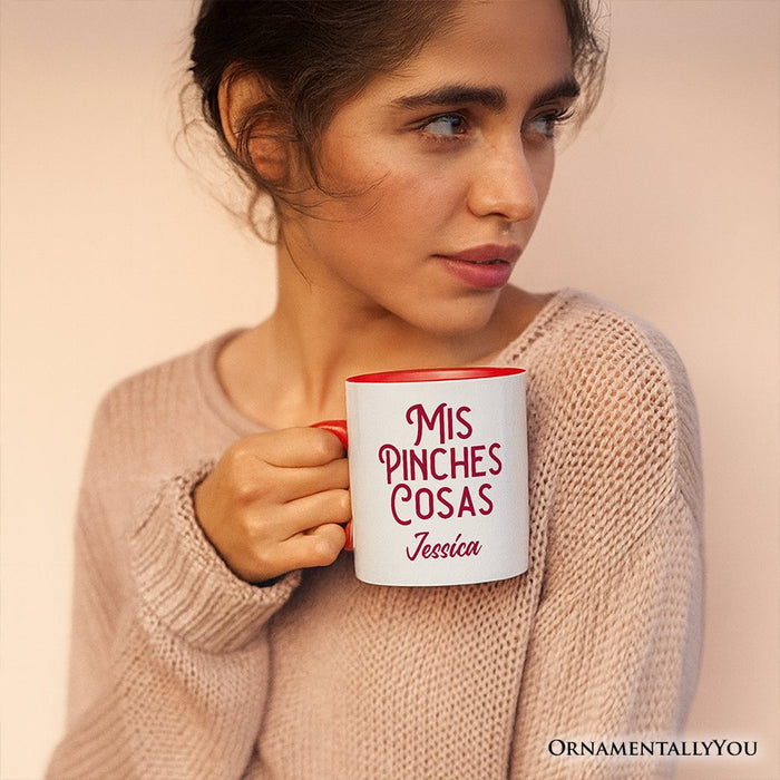 Mis Pinches Cosas Personalized Mug, Funny Latino Spanish Quote Gift with Custom Name Personalized Ceramic Mug OrnamentallyYou