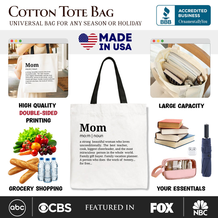 Mom Definition Canvas Tote Bag, Funny Mothers Day Gift Shopper Tote Bag OrnamentallyYou