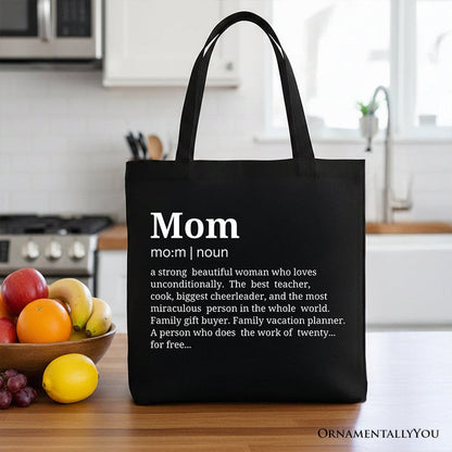 Mom Definition Canvas Tote Bag, Funny Mothers Day Gift Shopper Tote Bag OrnamentallyYou Black