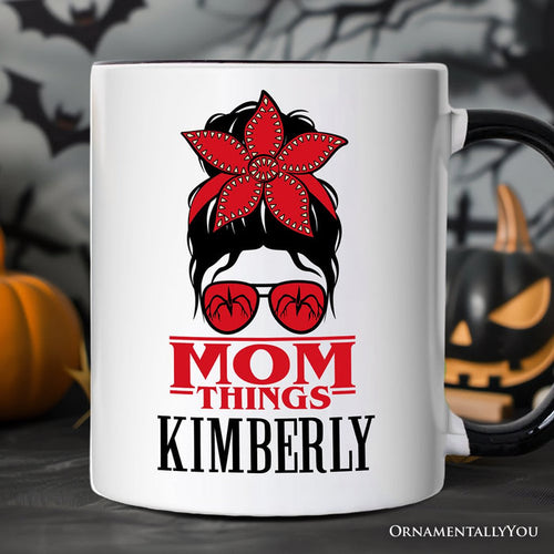 Mom Things Messy Bun Retro Personalized Mug, Red Bandana Glasses Family Matching Gift with Custom Name Personalized Ceramic Mug OrnamentallyYou Black Handle Customized