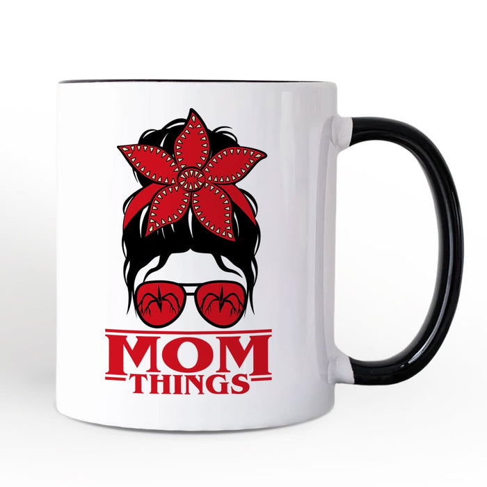 Mom Things Messy Bun Retro Personalized Mug, Red Bandana Glasses Family Matching Gift with Custom Name Personalized Ceramic Mug OrnamentallyYou Black Handle Non-Custom
