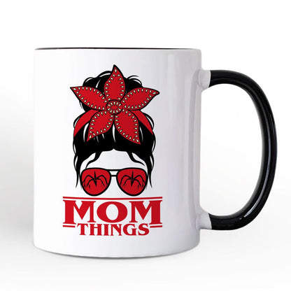 Mom Things Messy Bun Retro Personalized Mug, Red Bandana Glasses Family Matching Gift with Custom Name Personalized Ceramic Mug OrnamentallyYou Black Handle Non-Custom
