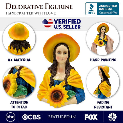 Mona Lisa The Sunflower Guardian Art Sculpture Figurine, 7" Spring Garden Statue and Leonardo Da Vinci Mix Resin Statues OrnamentallyYou