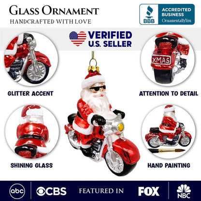 Motorcycle Santa Cruising Glass Christmas Ornament, Biker Gift Glass Ornament OrnamentallyYou