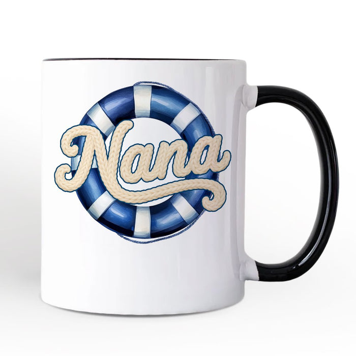 Nana Cruise Personalized Mug, Printed Faux Yarn Vacation Gift with Custom Name Personalized Ceramic Mug OrnamentallyYou Black Handle Non-Custom