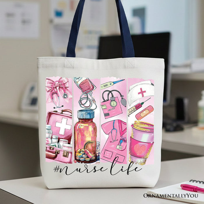 Nurse Life Canvas Tote Bag, Medical Essentials Gift Bag for Coquette Nurses Tote Bag OrnamentallyYou Navy Handle