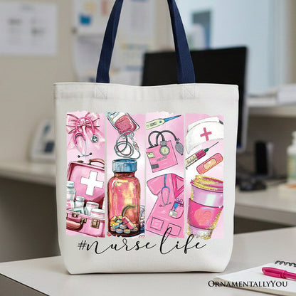Nurse Life Canvas Tote Bag, Medical Essentials Gift Bag for Coquette Nurses Tote Bag OrnamentallyYou Navy Handle