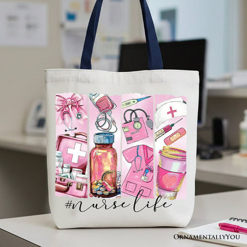 Nurse Life Canvas Tote Bag, Medical Essentials Gift Bag for Coquette Nurses Tote Bag OrnamentallyYou Navy Handle