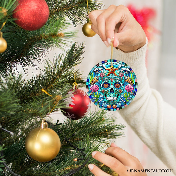 Oceanic Oasis Sugar Skull Stained Glass Style Ornament, Marine Wonder Christmas Gift and Decor Ceramic Ornament OrnamentallyYou
