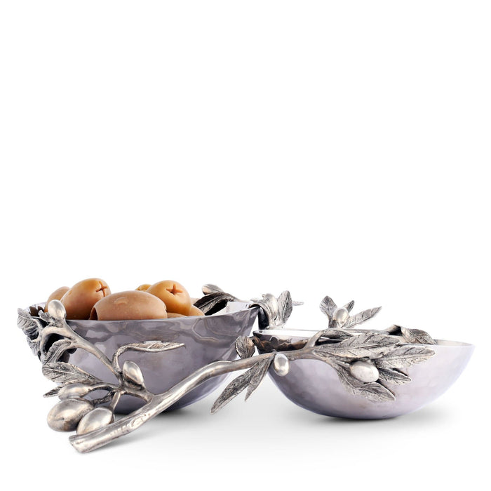 Olive Stainless Steel Double Serving Bowl — double serving bowl holding separate olives in one side; Vagabond House