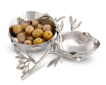 Olive Stainless Steel Double Serving Bowl — overhead angle showing one filled and one empty bowl; Vagabond House