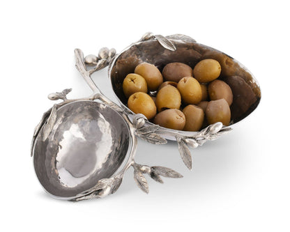 Olive Stainless Steel Double Serving Bowl — alternate angle showing olive-branch handle; Vagabond House