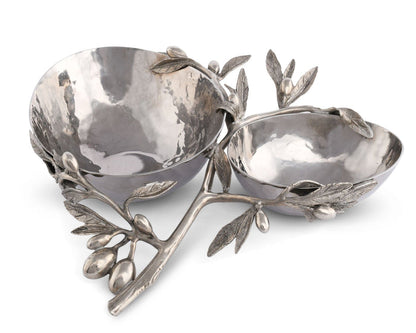 Olive Stainless Steel Double Serving Bowl — empty double bowl showing hammered interiors; Vagabond House