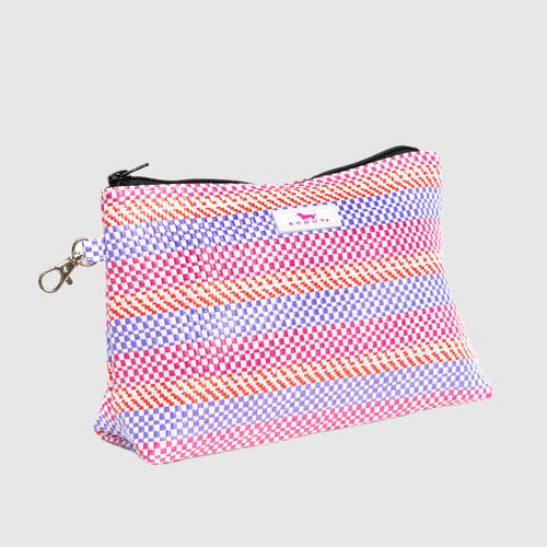 Multicolored striped pouch with a zipper on a light gray background