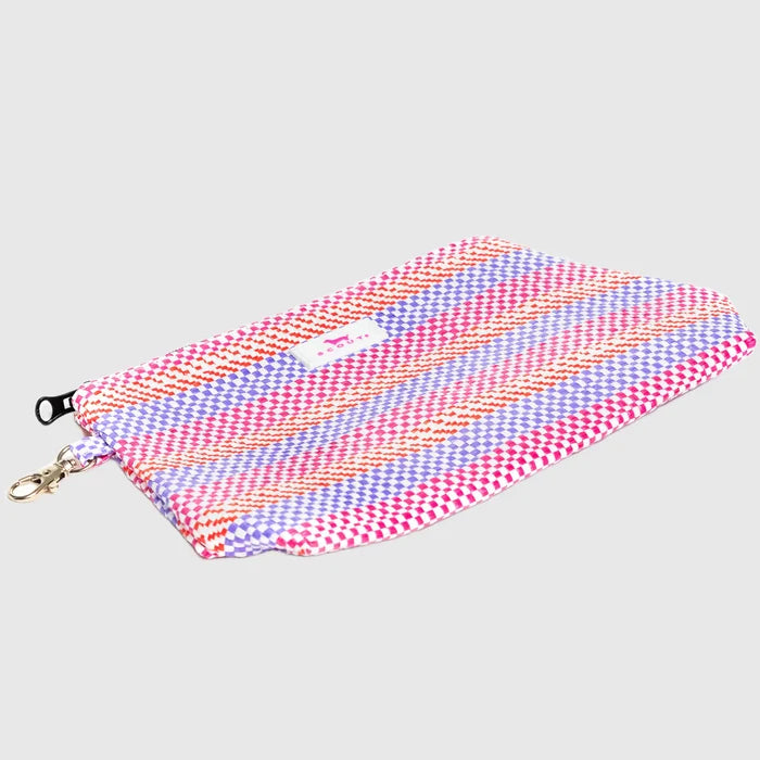 Multicolored fabric pouch with a zipper on a light gray background