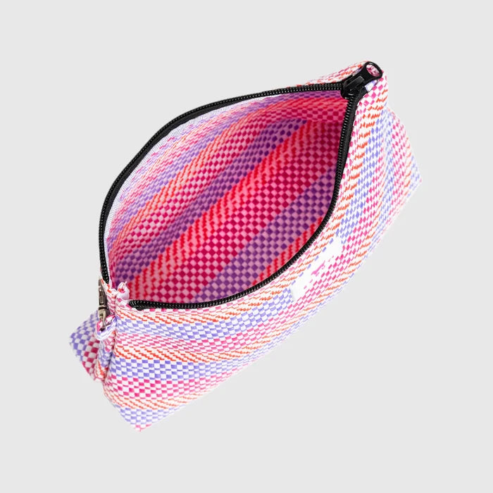 Multicolored woven pouch with a black zipper on a light gray background
