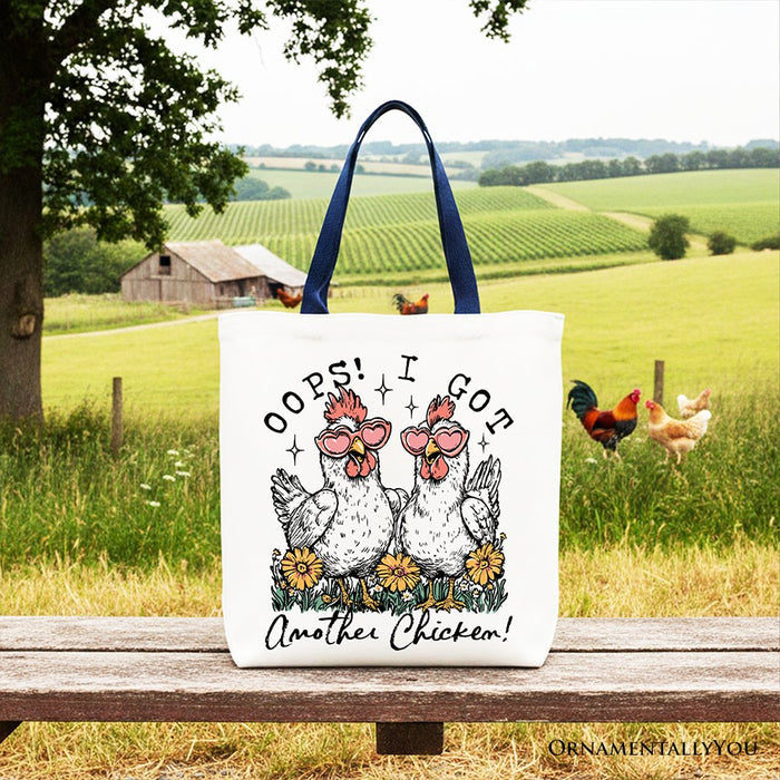 Oops I Got Another Chicken Canvas Tote Bag, Funny Farm Animal Gift Shopper Tote Bag OrnamentallyYou Navy Handle