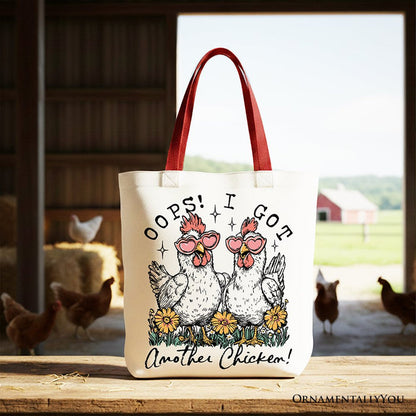 Oops I Got Another Chicken Canvas Tote Bag, Funny Farm Animal Gift Shopper Tote Bag OrnamentallyYou Red Handle