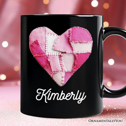 Patchwork Pink Heart Valentine Personalized Mug, Love Retro Coquette Gift with Custom Name Personalized Ceramic Mug OrnamentallyYou Black Customized