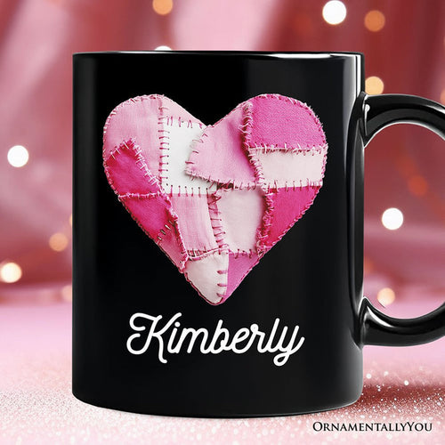 Patchwork Pink Heart Valentine Personalized Mug, Love Retro Coquette Gift with Custom Name Personalized Ceramic Mug OrnamentallyYou Black Customized