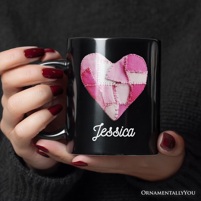 Patchwork Pink Heart Valentine Personalized Mug, Love Retro Coquette Gift with Custom Name Personalized Ceramic Mug OrnamentallyYou