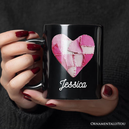 Patchwork Pink Heart Valentine Personalized Mug, Love Retro Coquette Gift with Custom Name Personalized Ceramic Mug OrnamentallyYou