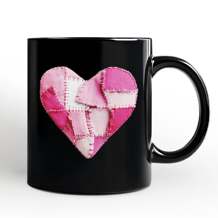 Patchwork Pink Heart Valentine Personalized Mug, Love Retro Coquette Gift with Custom Name Personalized Ceramic Mug OrnamentallyYou Black Non-Custom