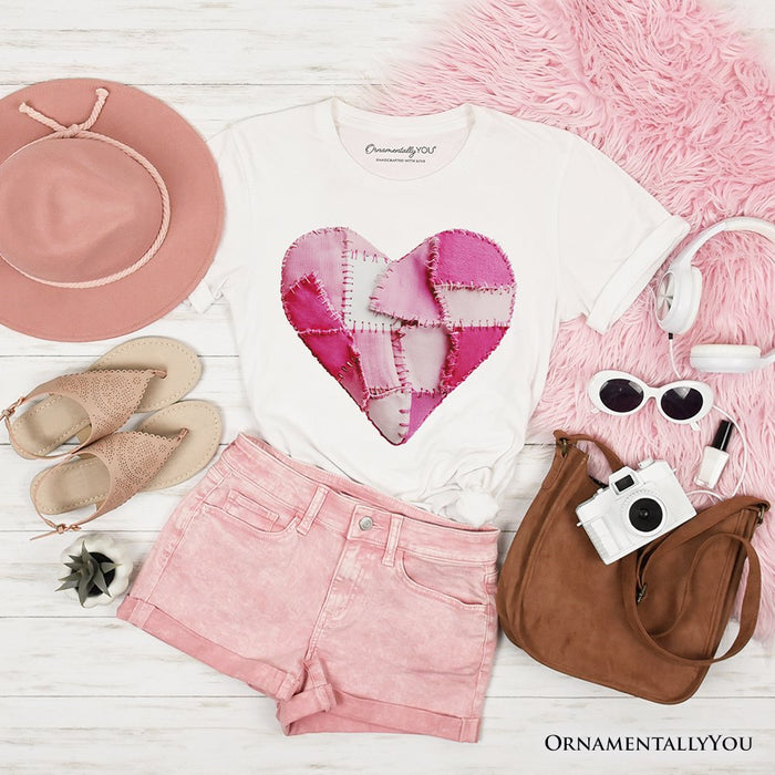 Patchwork Pink Heart Valentine T-Shirt, Love Retro Coquette Tee T-Shirts OrnamentallyYou White XS