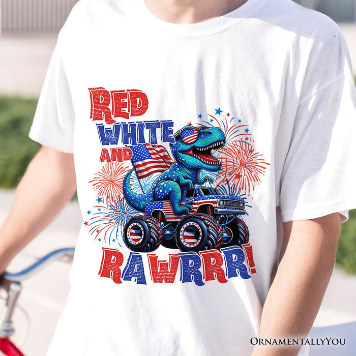 Patriotic Dinosaur Monster Truck T-Shirt, Red White and Rawrr 4th of July Tee T-Shirts OrnamentallyYou