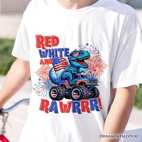 Patriotic Dinosaur Monster Truck T-Shirt, Red White and Rawrr 4th of July Tee T-Shirts OrnamentallyYou