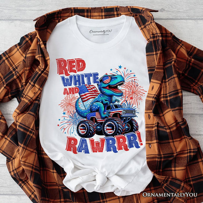 Patriotic Dinosaur Monster Truck T-Shirt, Red White and Rawrr 4th of July Tee T-Shirts OrnamentallyYou White XS