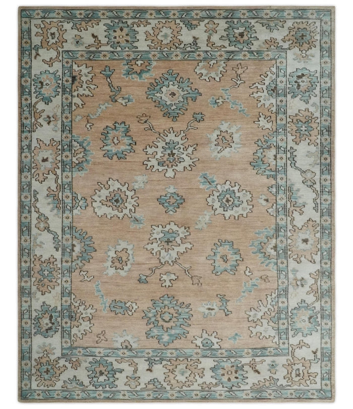 Peach, Ivory and Teal Hand knotted Traditional Oushak Multi Size wool Area Rug