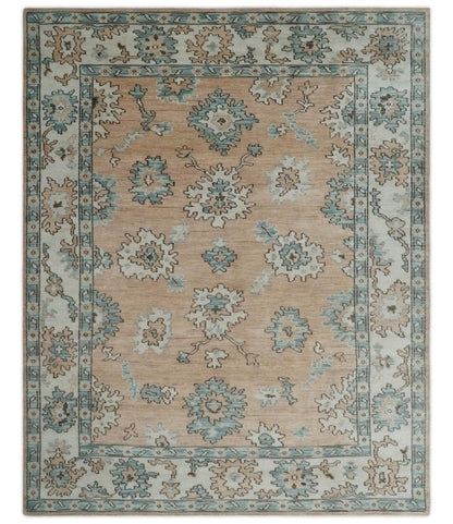 Peach, Ivory and Teal Hand knotted Traditional Oushak Multi Size wool Area Rug