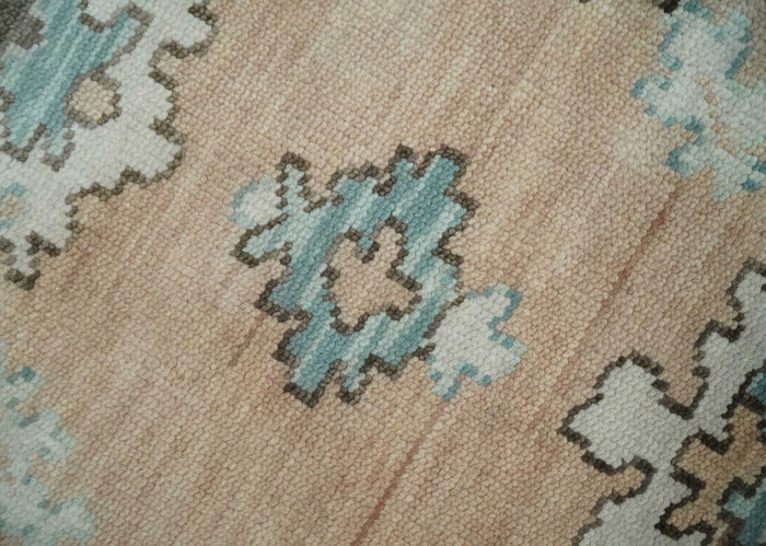 Peach, Ivory and Teal Hand knotted Traditional Oushak Multi Size wool Area Rug