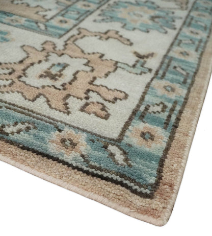 Peach, Ivory and Teal Hand knotted Traditional Oushak Multi Size wool Area Rug