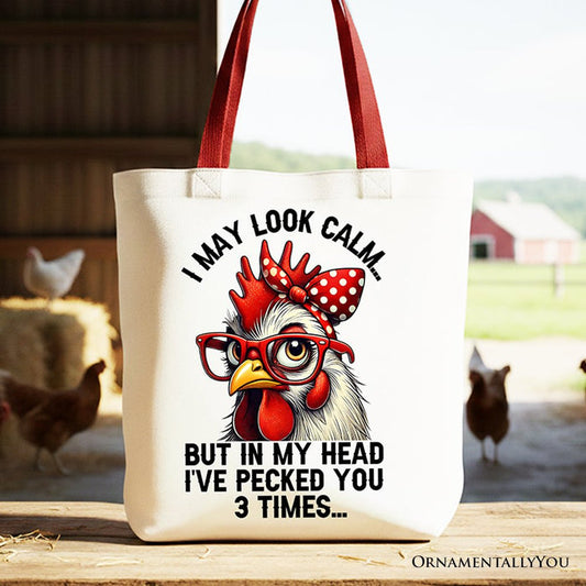 Pecking Chicken Tote Bag, Red Glasses and Bow White Gift Shopper for Sassy Women Tote Bag OrnamentallyYou Red Handle