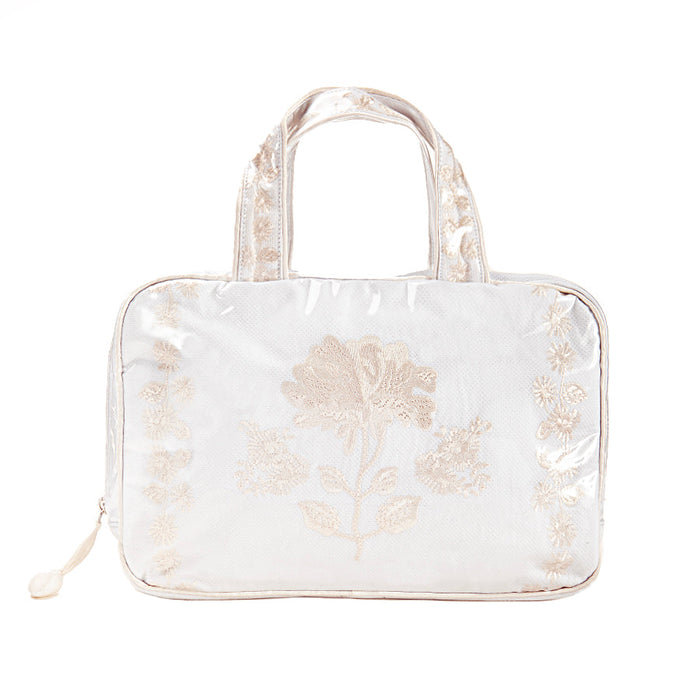 Ivory Peony hanging cosmetic bag, closed with twin handles by Lenora