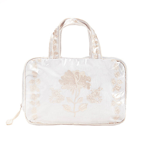 Ivory Peony hanging cosmetic bag, closed with twin handles by Lenora