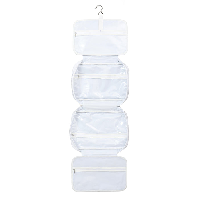 Unfolded hanging cosmetic bag showing hook and interior pockets by Lenora