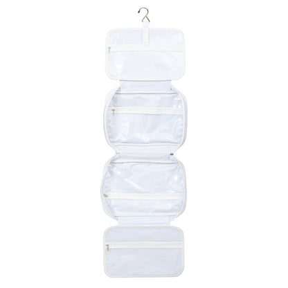 Unfolded hanging cosmetic bag showing hook and interior pockets by Lenora