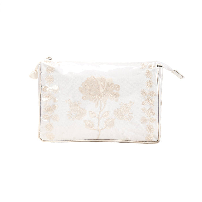 Ivory Peony large makeup bag with floral embroidery and zip closure by Lenora
