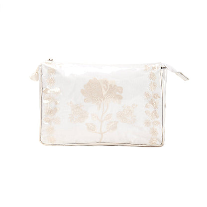 Ivory Peony large makeup bag with floral embroidery and zip closure by Lenora
