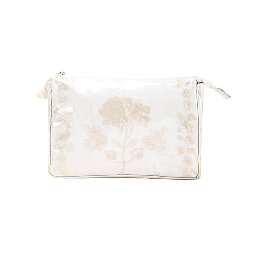 Ivory Peony large makeup bag with floral embroidery and zip closure by Lenora