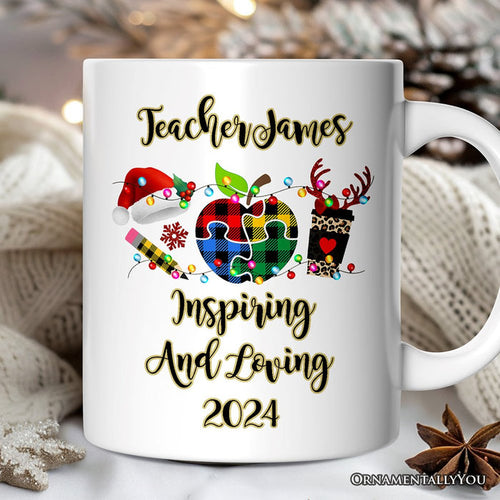 Personalized Mug Autism Teacher Buffalo Plaid Christmas, Thank You Gift Personalized Ceramic Mug OrnamentallyYou