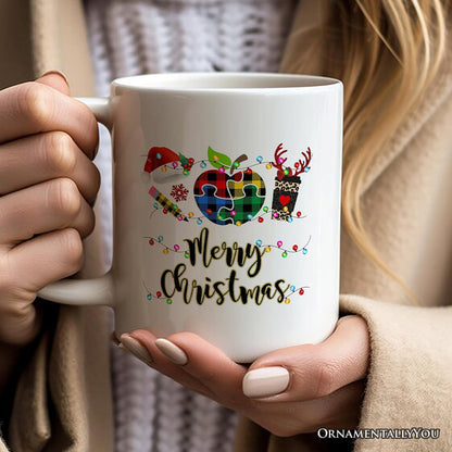 Personalized Mug Autism Teacher Buffalo Plaid Christmas, Thank You Gift Personalized Ceramic Mug OrnamentallyYou