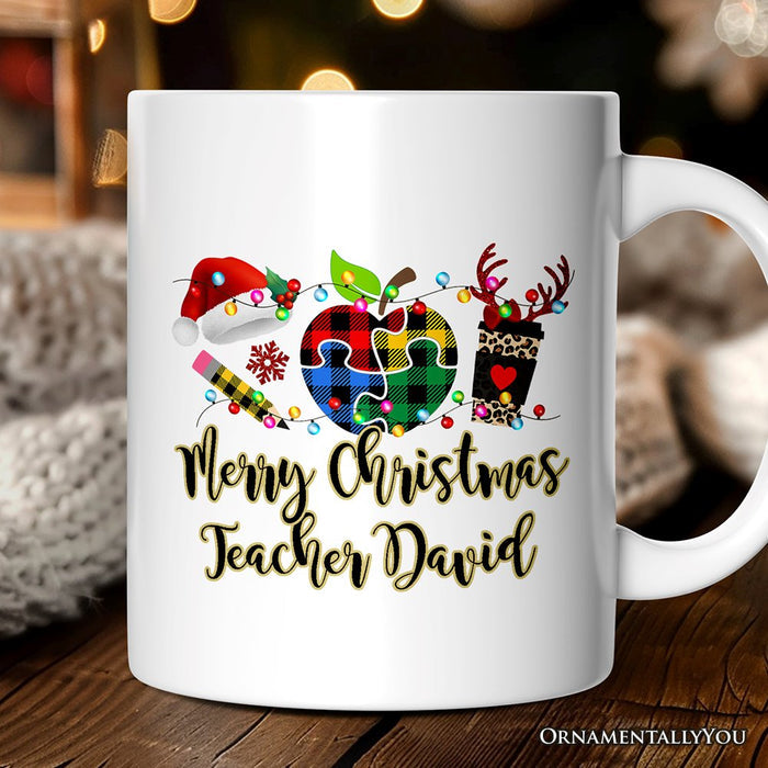 Personalized Mug Autism Teacher Buffalo Plaid Christmas, Thank You Gift Personalized Ceramic Mug OrnamentallyYou