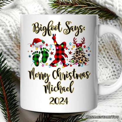 Personalized Mug Bigfoot Buffalo Plaid Christmas, Sasquatch Holiday Decoration Personalized Ceramic Mug OrnamentallyYou