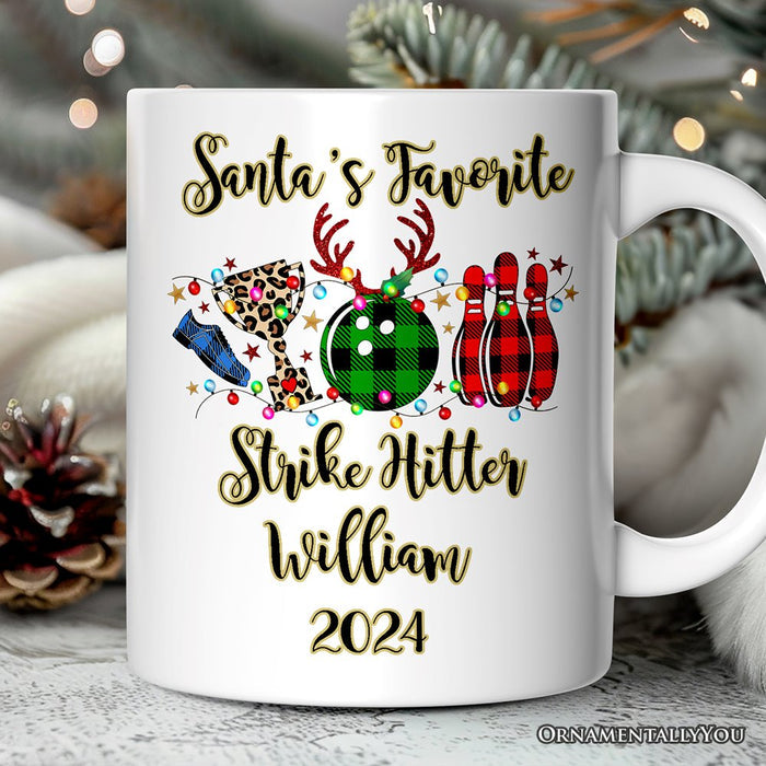 Personalized Mug Bowling Buffalo Plaid Christmas, Ball Pins and Trophy Personalized Ceramic Mug OrnamentallyYou 12oz Mug Customized