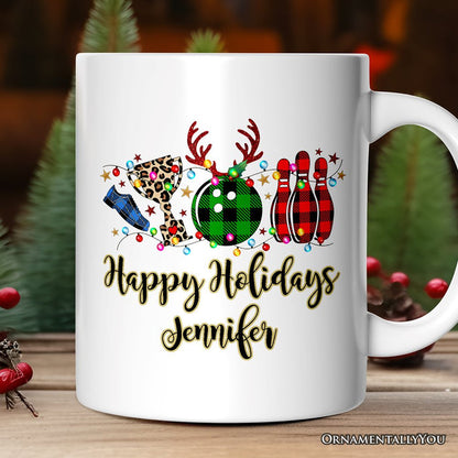 Personalized Mug Bowling Buffalo Plaid Christmas, Ball Pins and Trophy Personalized Ceramic Mug OrnamentallyYou