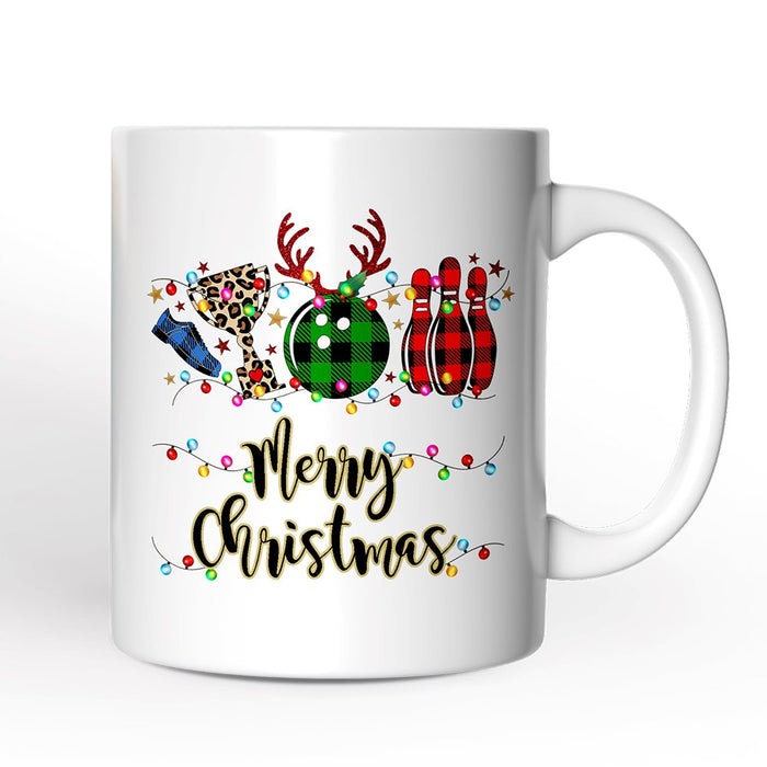 Personalized Mug Bowling Buffalo Plaid Christmas, Ball Pins and Trophy Personalized Ceramic Mug OrnamentallyYou
